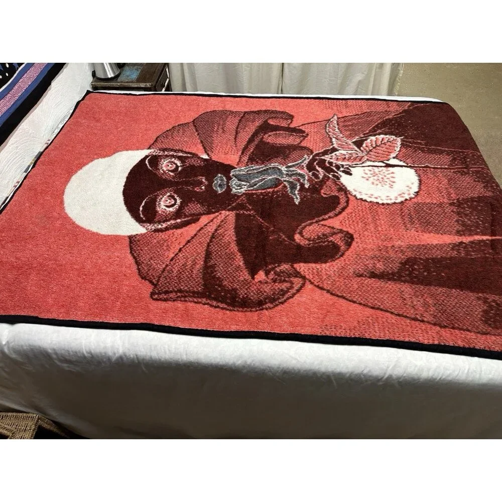 Vintage Acrylic Harlequin Sad Clown Rose Pierrot Throw Blanket Red Black 55x82”